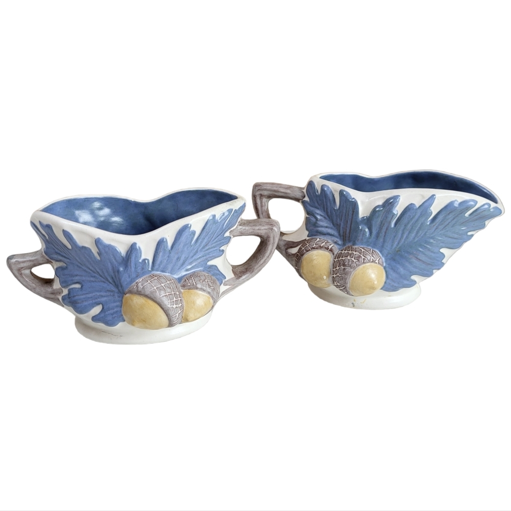 Sugar and Creamer Set, Ceramic Acorn and Blue Leaf Design, marked ELM